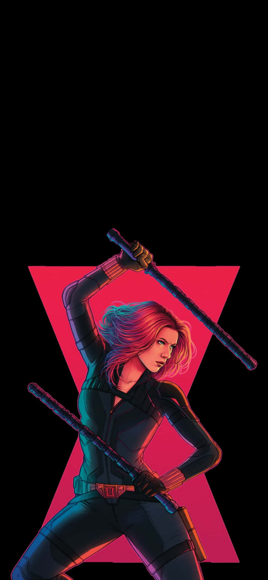 Natasha Romanoff 桌布 壁紙 — 一位兇猛的女戰士，粉紅色頭髮，揮舞兩把劍，背景是發光的粉紅色X形。