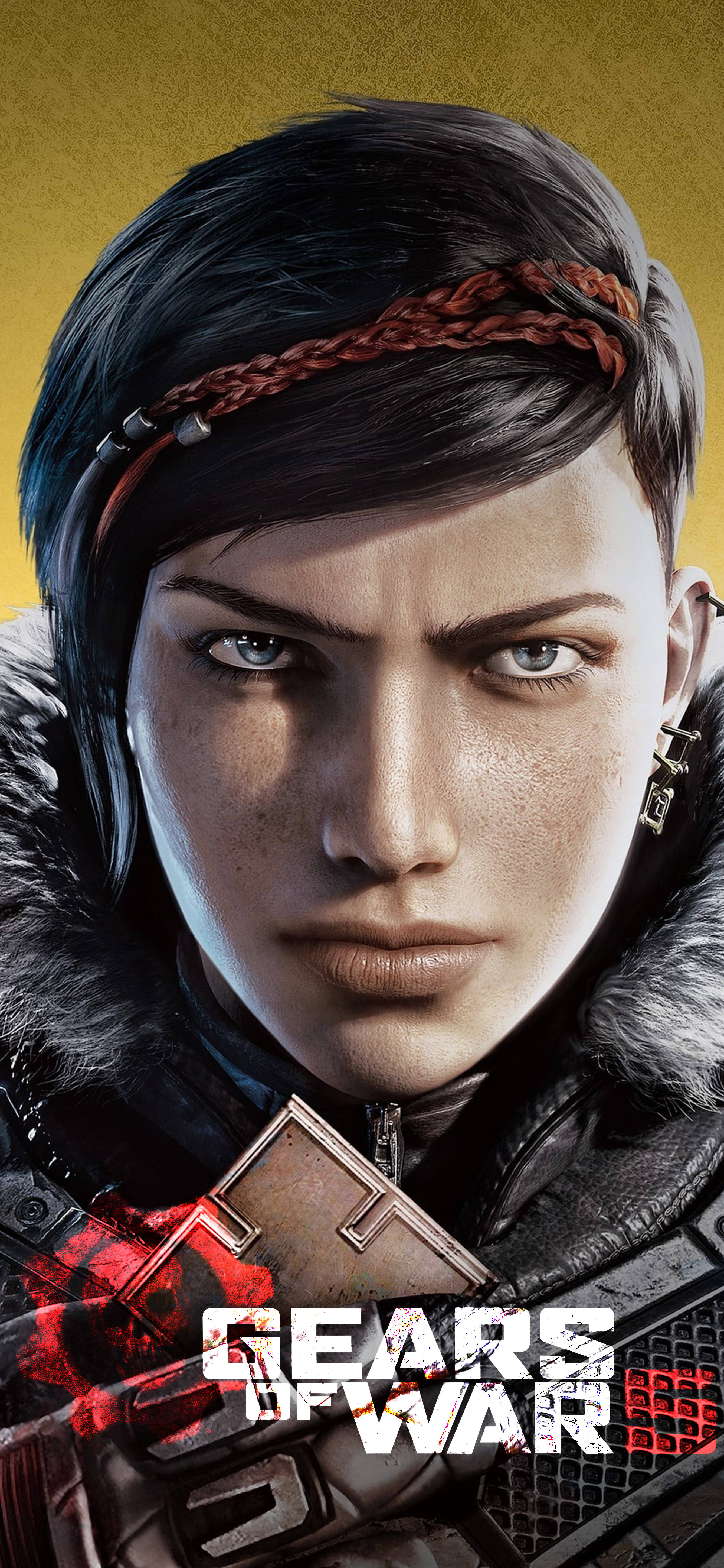 gears 5 iPhone 桌布 壁紙 — 一位兇猛的女戰士，辮子頭髮和毛皮襯裡的盔甲，在金色背景下強烈凝視。