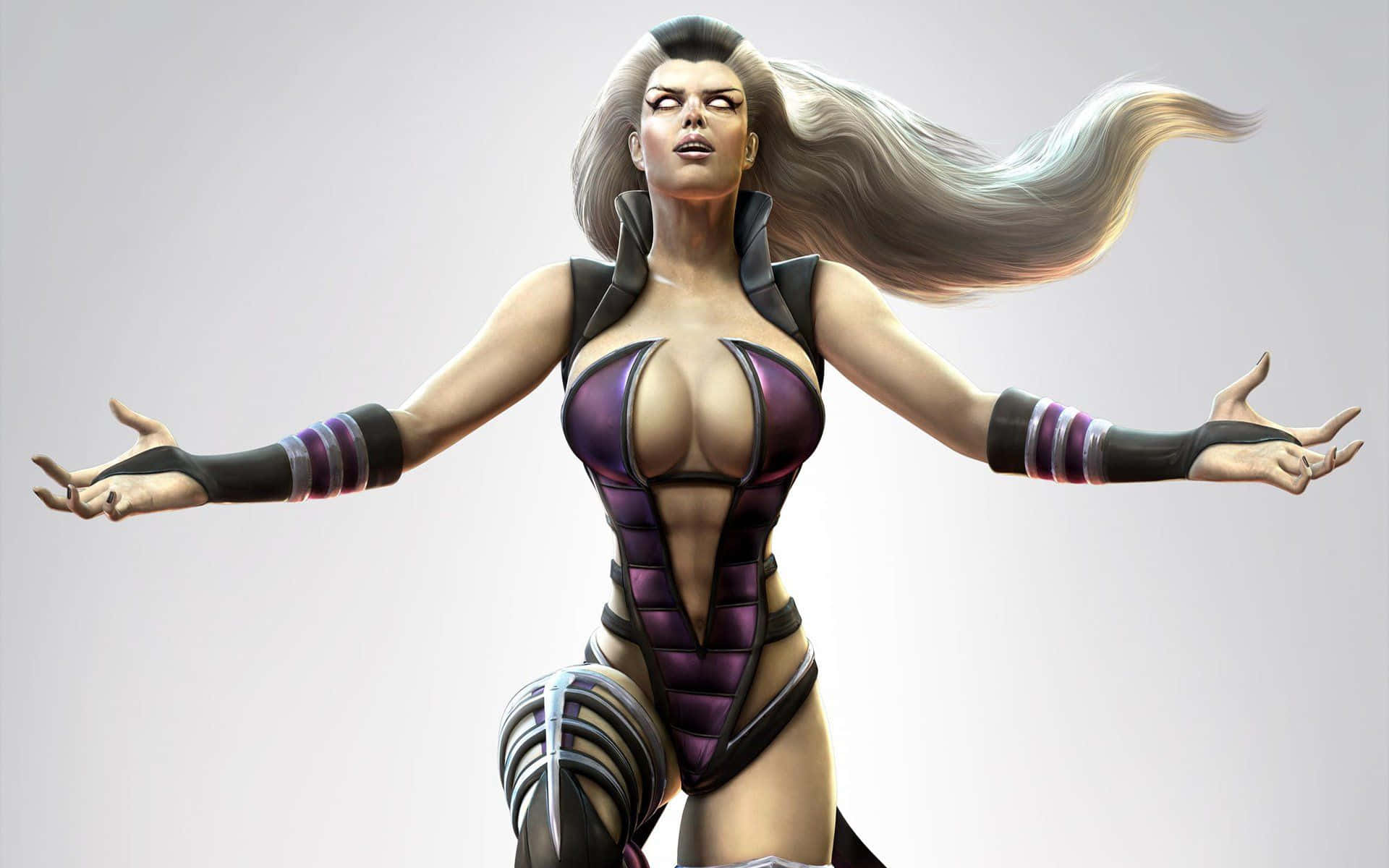 Mortal Kombat Characters 桌布 壁紙 — 一位兇猛的女戰士，飄逸的銀色頭髮和紫色盔甲，在純灰色背景前張開雙臂站立。