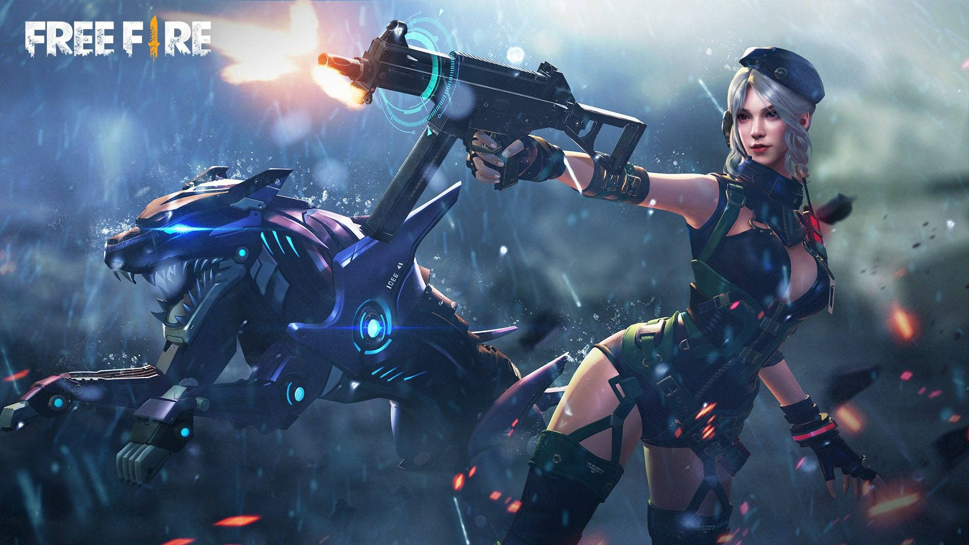 Free Fire Laura 壁紙 — 一位兇猛的女戰士在雨中的霓虹燈戰鬥場景中，在機械老虎旁邊發射發光武器。