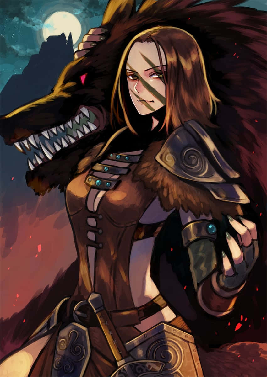 Aela The Huntress 桌布 壁紙 — 一位兇猛的女戰士與一個狼頭同伴站在滿月下，處於熾熱的暮色景觀中。