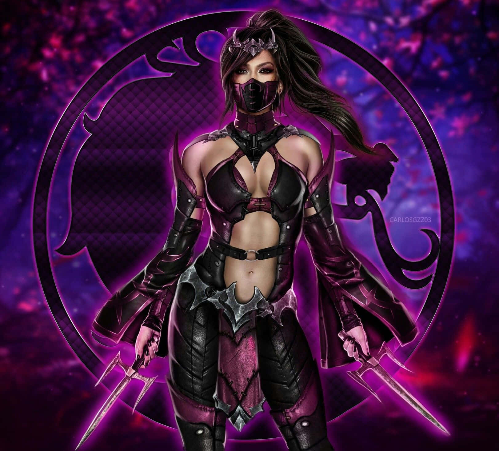 Mortal Kombat Characters 桌布 壁紙 — 一位兇猛的女戰士身穿黑色和紫色盔甲，在發光的 mystical 標誌背景下揮舞雙匕首。
