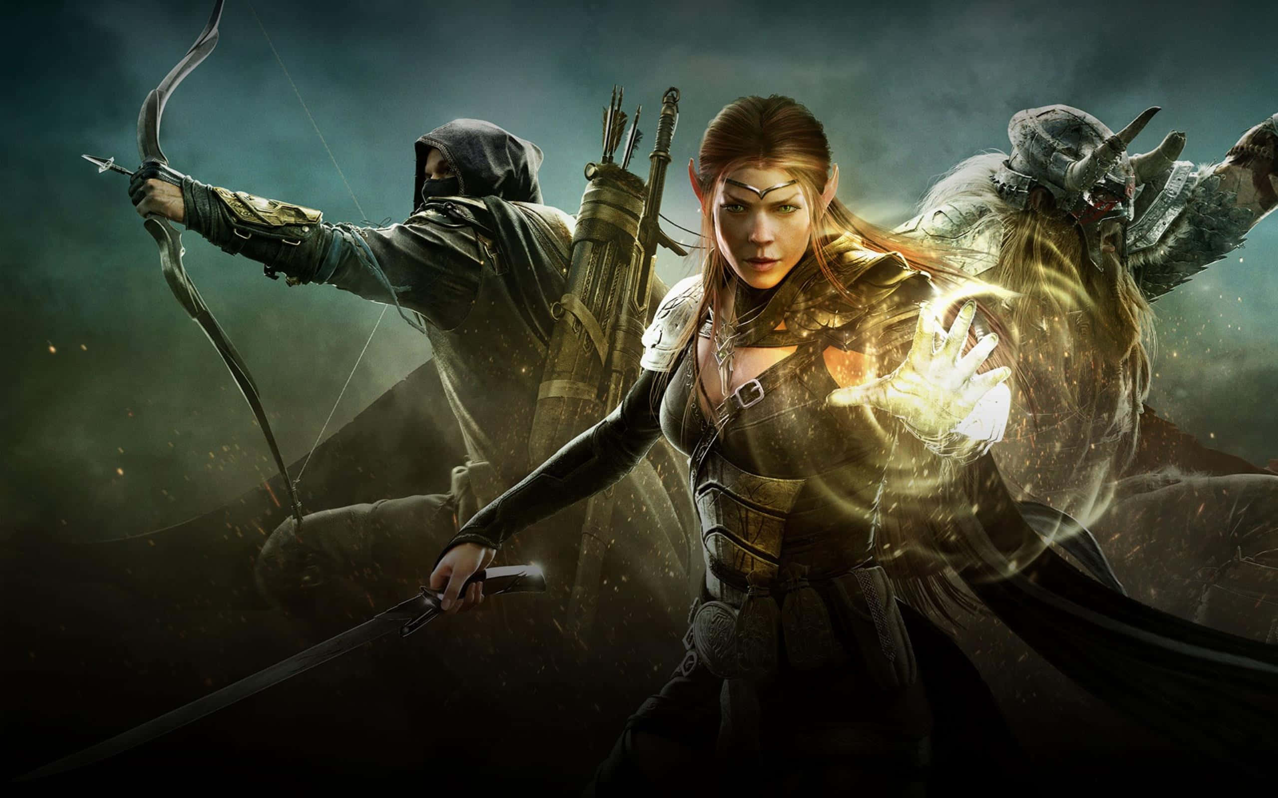 Online Games 桌布 壁紙 — 一位兇猛的女精靈法師在黑暗暴風雨的戰鬥場景中引導發光的魔法，身旁有一位戴兜帽的弓箭手和一位有角的戰士。