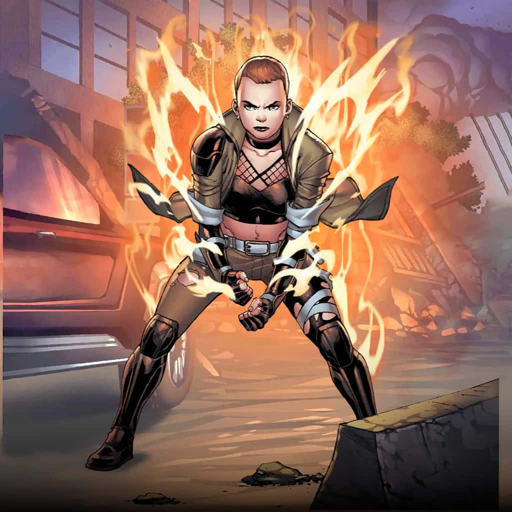 Negasonic Teenage Warhead 桌布 壁紙 — 一位兇猛的女超級英雄，拳頭噴發出火焰能量，挑釁地站在廢墟般的城市街道上。