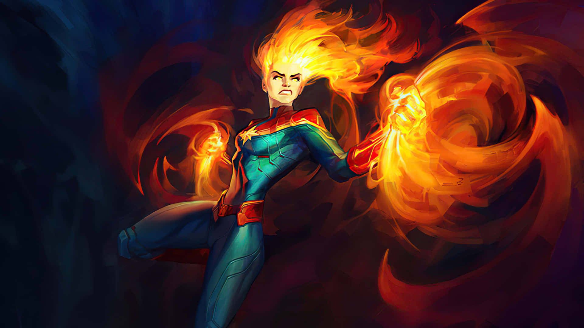 Captain Marvel HD 桌布 壁紙 — 一位兇猛的女超級英雄，擁有火焰般的頭髮和發光的雙手，在黑暗旋轉的背景中引導熾熱的能量。