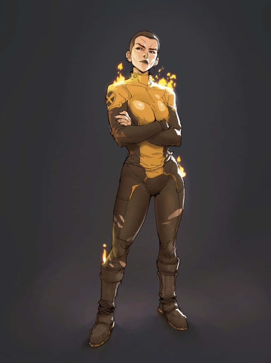 Negasonic Teenage Warhead 桌布 壁紙 — 一位兇猛的女超級英雄，肩膀和腿部噴出火焰，在黑暗背景下自信地交叉雙臂站立。