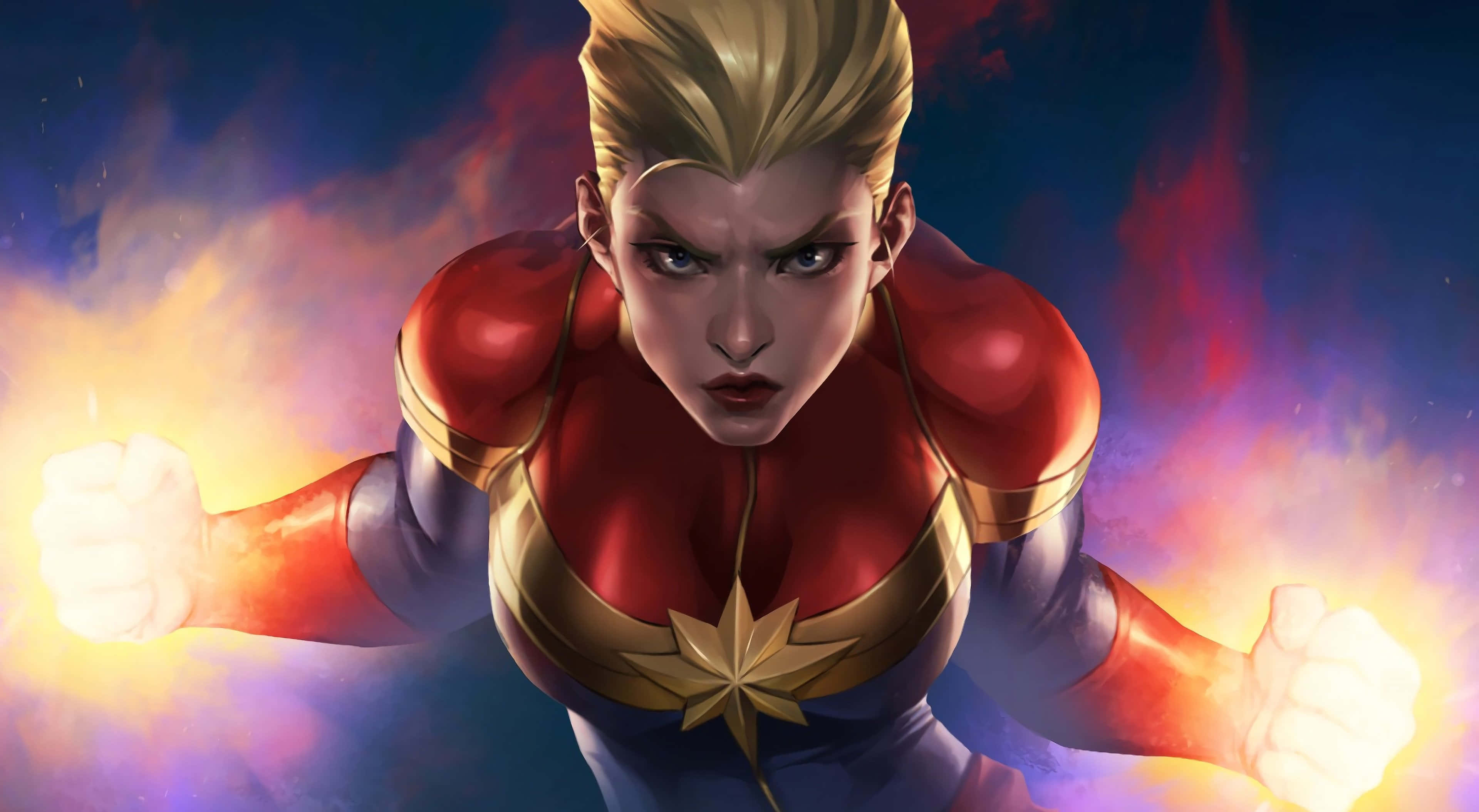 4K Marvel 壁紙 桌布 壁紙 — 一位兇猛的女超級英雄，身穿紅金藍色戰衣，發光的拳頭向前衝，背景是熾熱的宇宙。