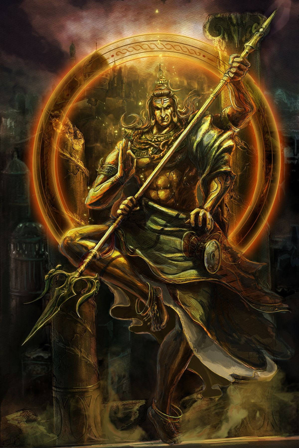 Hindu God 桌布 壁紙 — 一位兇猛的戰神，身穿金色鎧甲和飄逸長袍，在黑暗暴風雨的天空下，於發光的圓形傳送門內持矛而立。