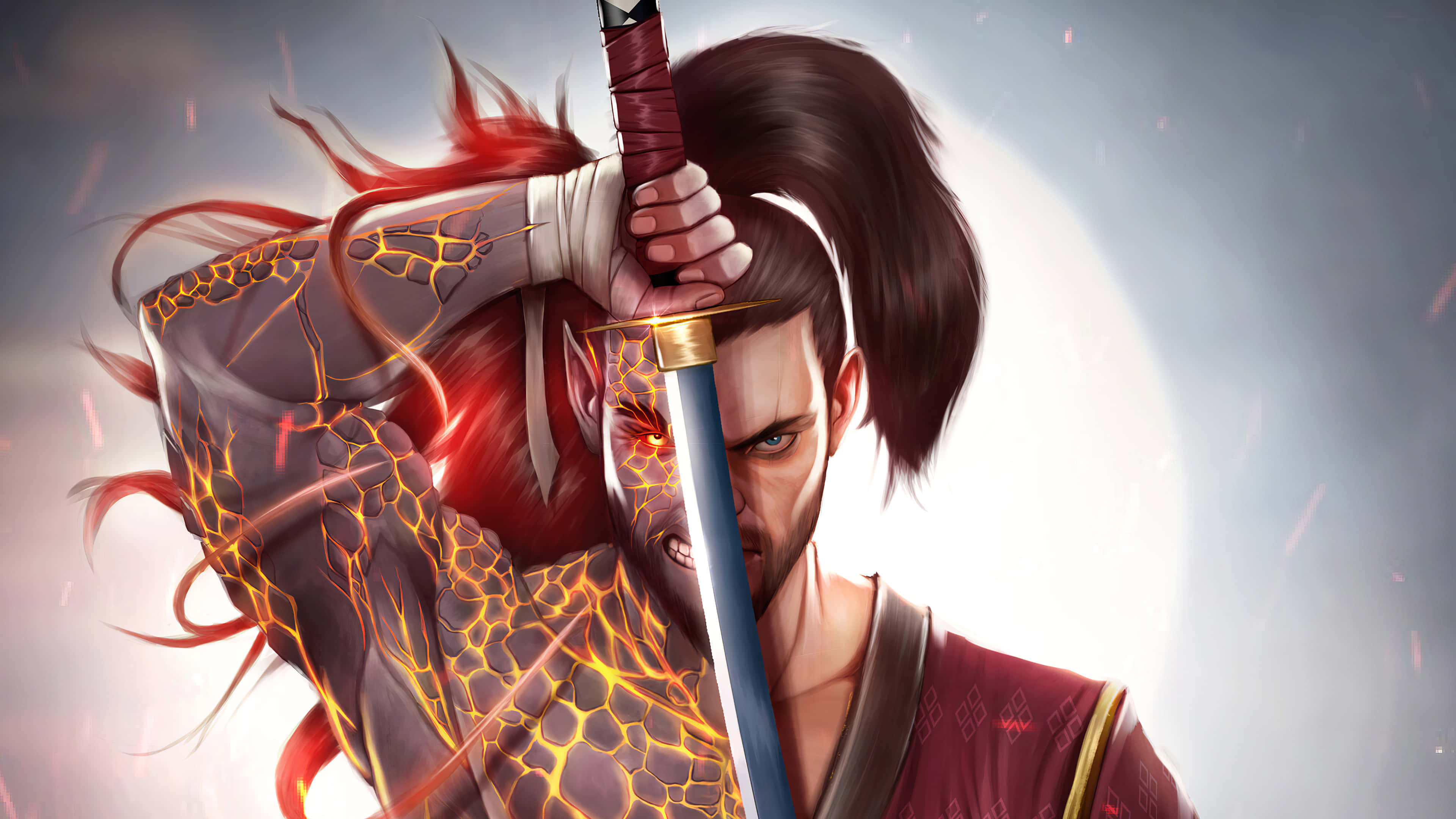Samurai Warrior 桌布 壁紙 — 一位兇猛的武士戰士，帶有發光的紅色紋身和飄逸的頭髮，在明亮的月光下握著劍。