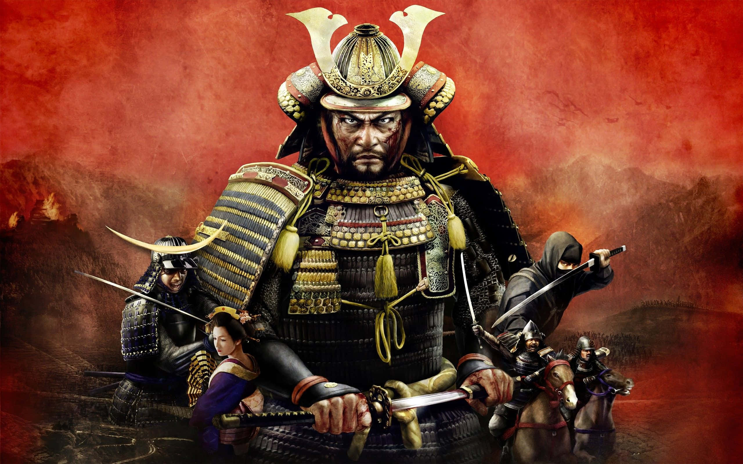 Shogun 桌布 壁紙 — 一位兇猛的武士穿著華麗盔甲，拔劍站在舞台中央，兩旁是士兵和一位跪著的女子，背景是火紅的戰場。