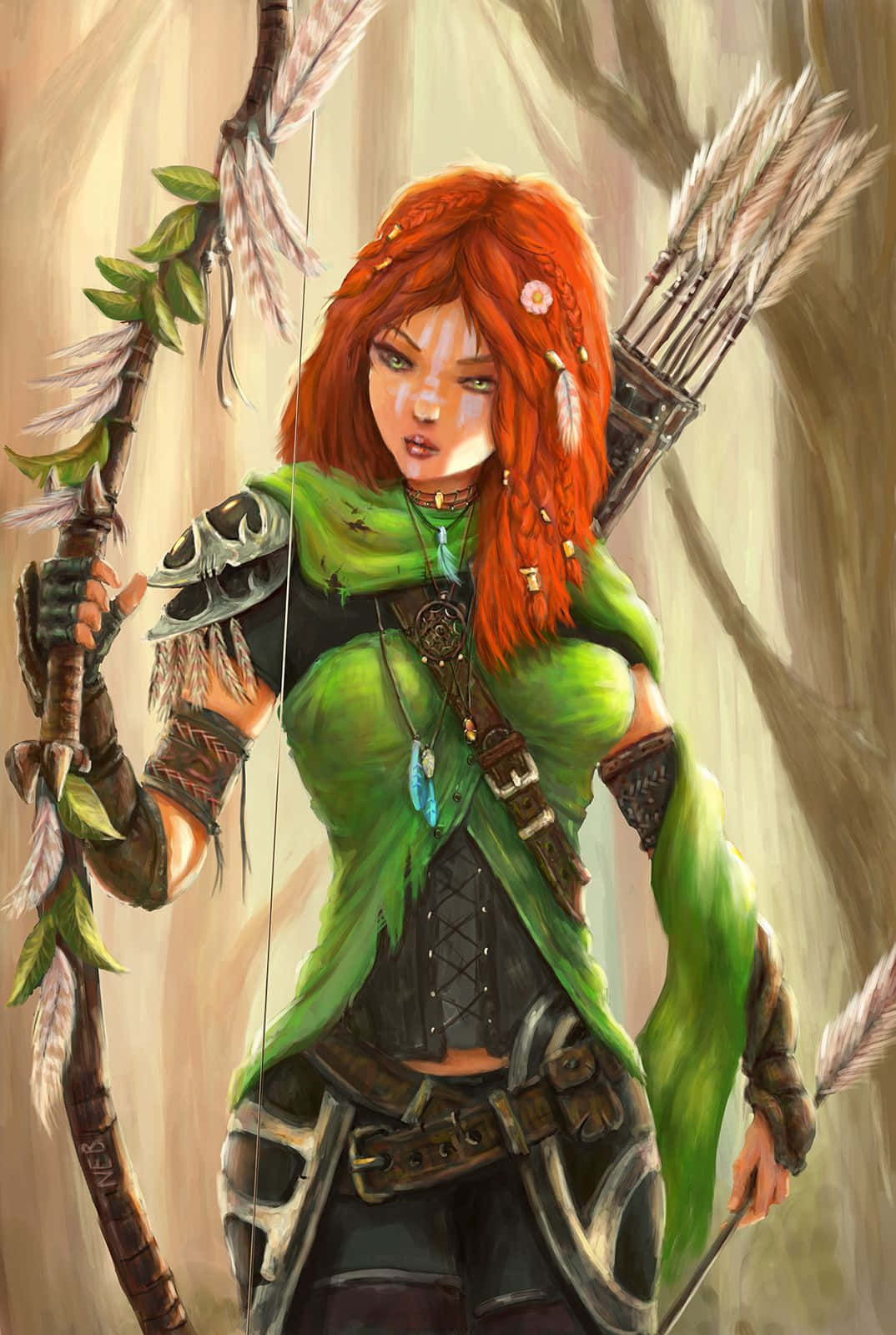 Windranger 桌布 壁紙 — 一位兇猛的紅髮弓箭手身穿綠色盔甲，在森林環境中手持弓和箭袋蓄勢待發。