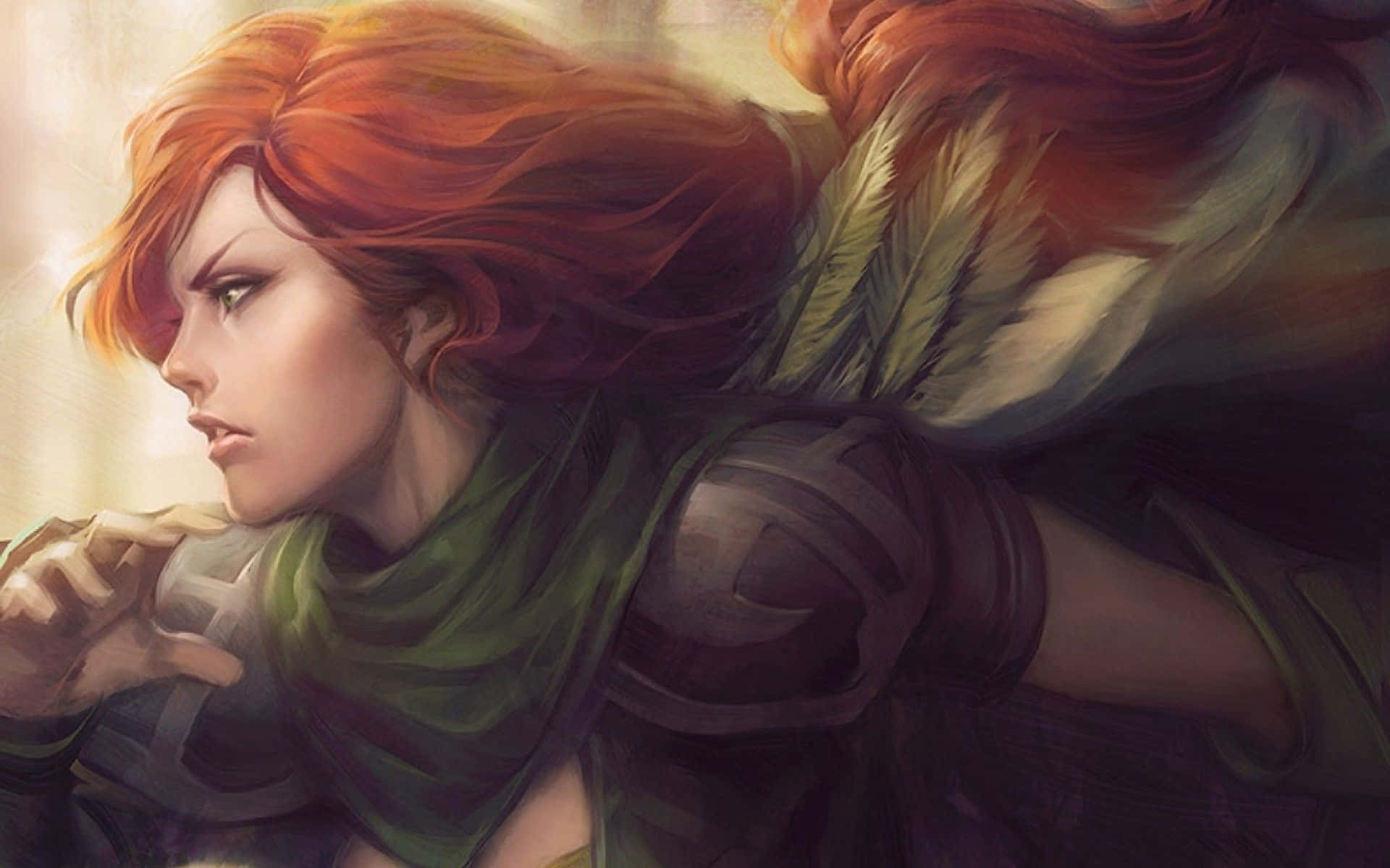 Windranger 桌布 壁紙 — 一位兇猛的紅髮戰士，戴著綠色圍巾和盔甲，在風吹動她的頭髮時，專注地凝視前方。