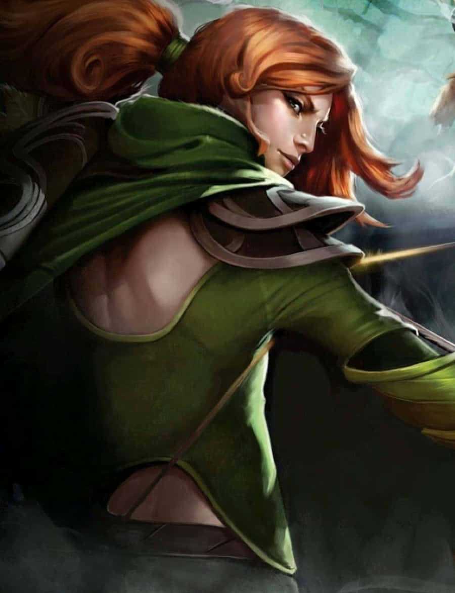Windranger 桌布 壁紙 — 一位兇猛的紅髮戰士身穿綠色盔甲，手持發光劍穿過迷霧煙霧向前衝刺。