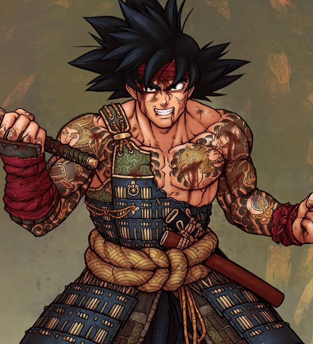 Dragon Ball Characters 桌布 壁紙 — 一位兇猛的紋身武士戰士，擁有尖刺黑髮和紅色頭帶，以備戰姿態握劍。