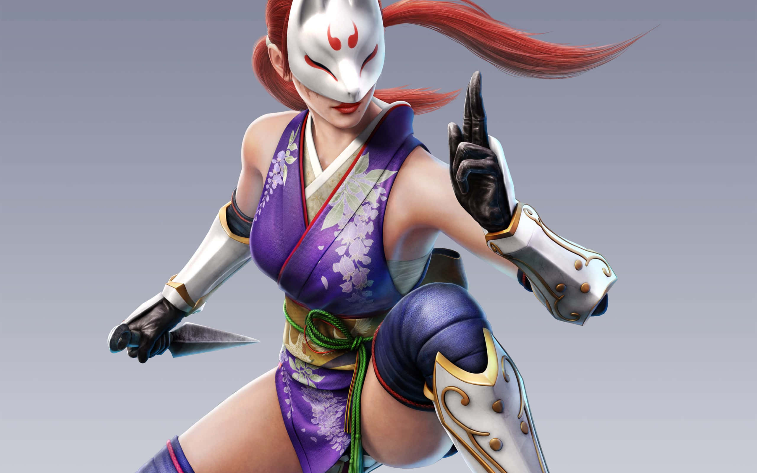 Tekken Characters 桌布 壁紙 — 一位兇猛的蒙面忍者戰士，身穿紫色花卉盔甲，在純灰色背景前擺出動態戰鬥姿勢。