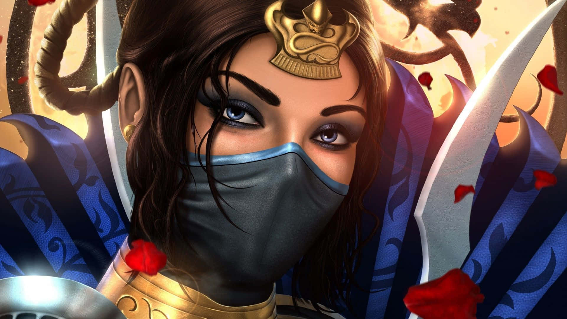 Mortal Kombat Kitana 桌布 壁紙 — 一位兇猛的蒙面戰士，藍色眼睛，金色頭飾，在熾熱背景下，手持劍，周圍散落著紅玫瑰。