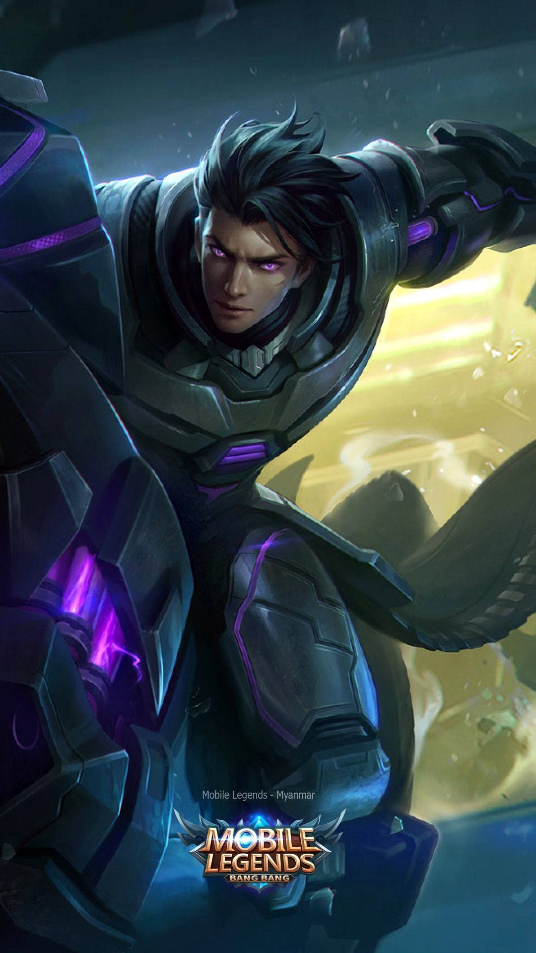 Mobile Legends 桌布 壁紙 — 一位兇猛的裝甲戰士，擁有發光的紫色眼睛和能量光環，擺出動態戰鬥姿勢。