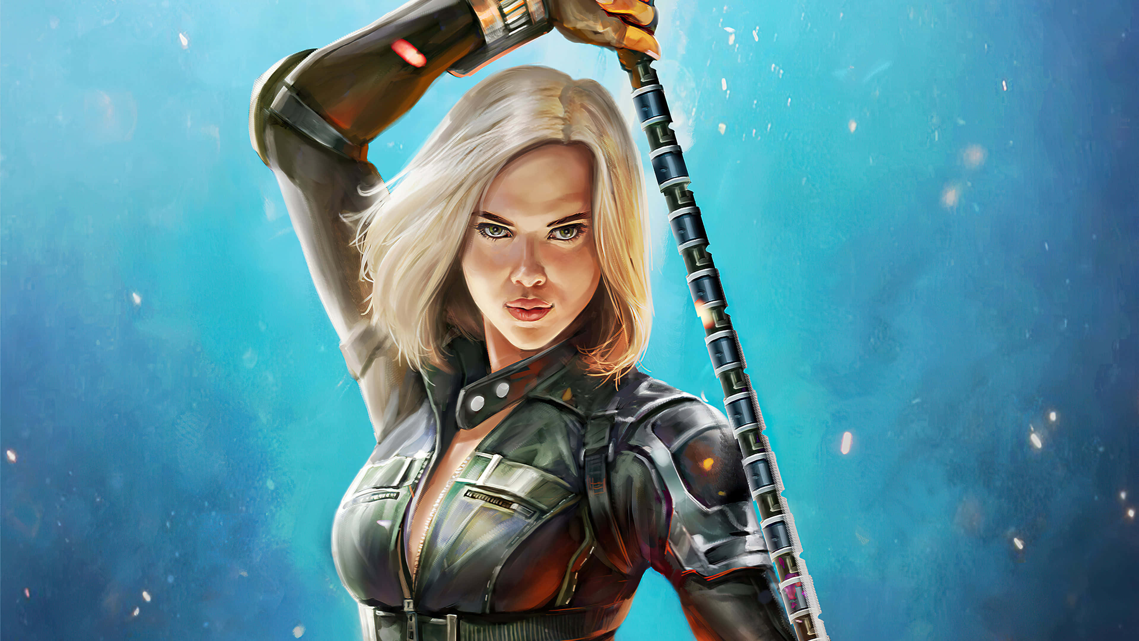 Natasha Romanoff 桌布 壁紙 — 一位兇猛的金髮女子身穿戰術裝備，在發光的藍色背景前揮舞武器。