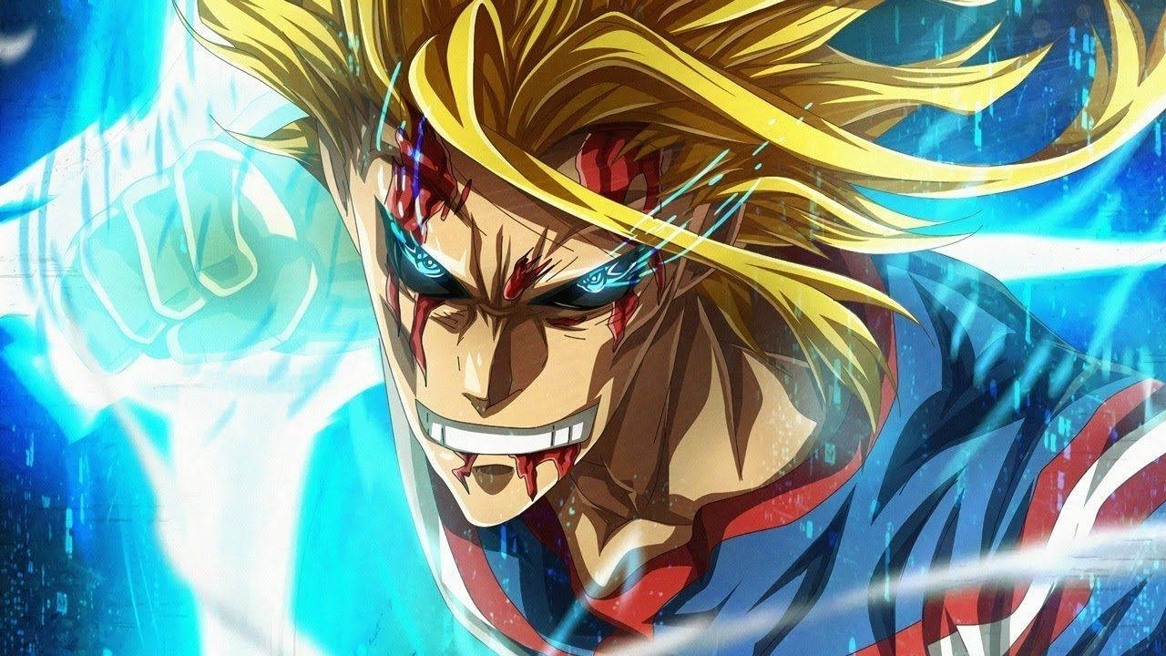 All Anime My Hero Academia 壁紙 — 一位兇猛的金髮藍眼動漫英雄，在電藍色能量和數位粒子中握緊拳頭。