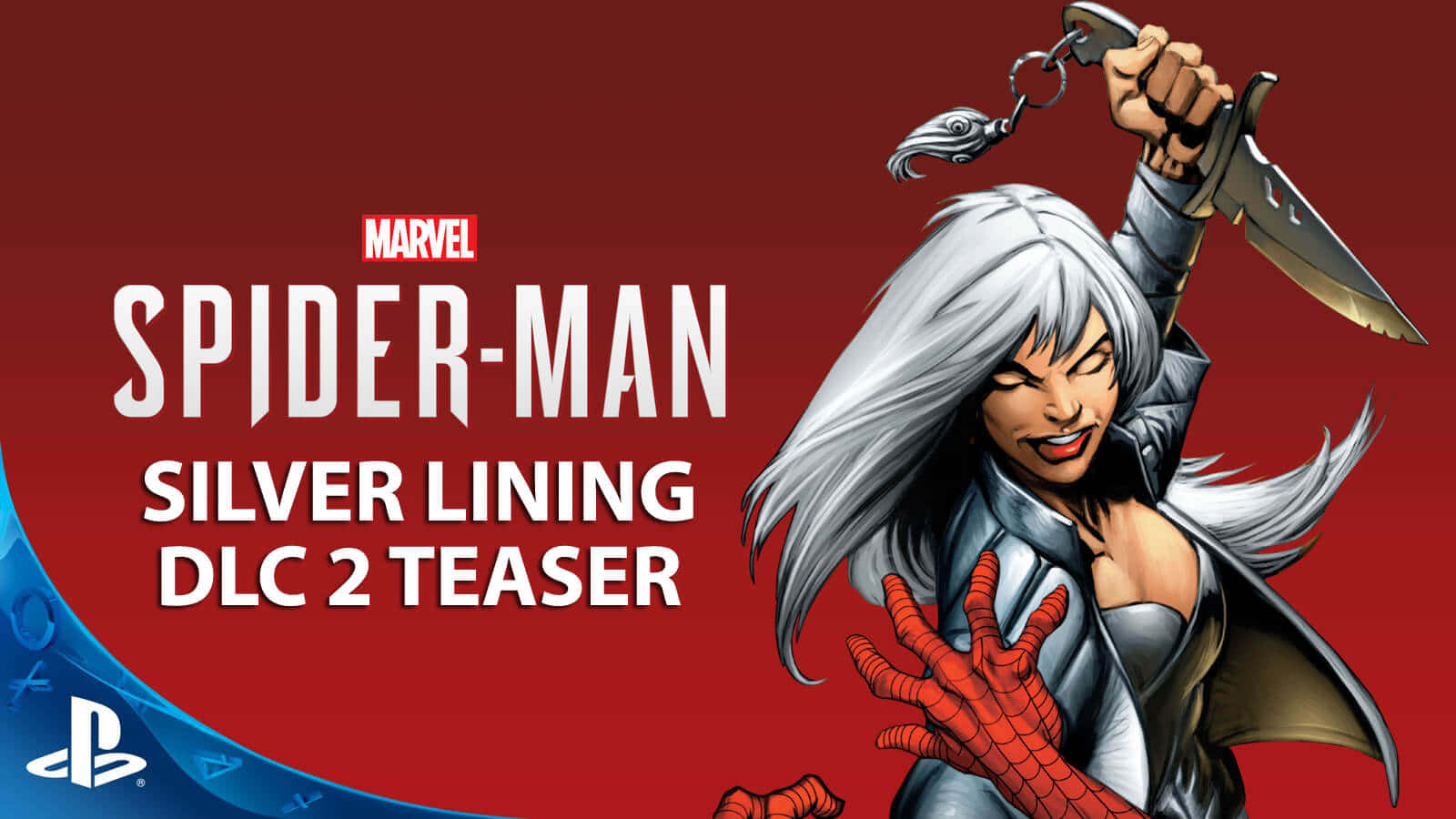 Silver Sable 桌布 壁紙 — 一位兇猛的銀髮女子身穿金屬套裝，在帶有Marvel Spider-Man DLC文字的醒目紅色背景前揮舞匕首。