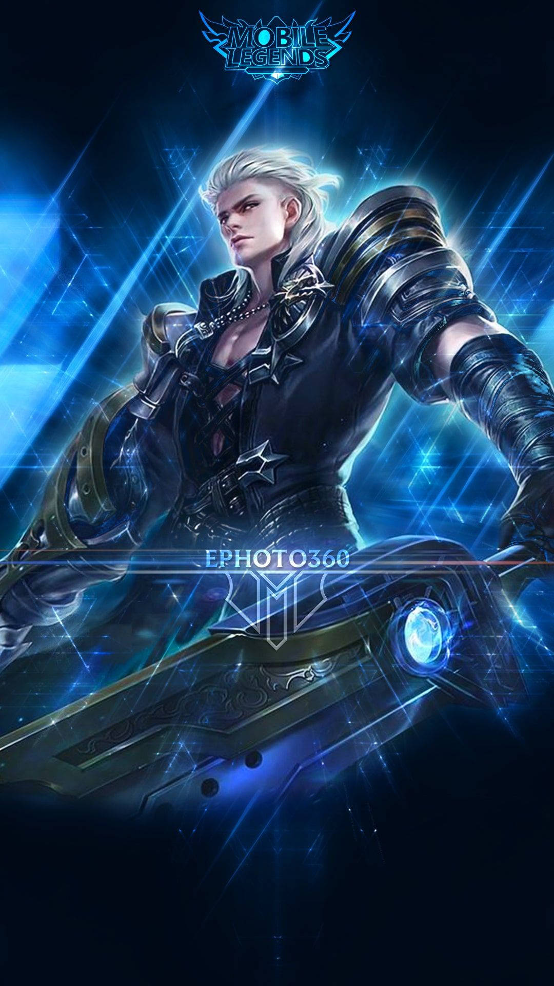 Mobile Legends 桌布 壁紙 — 一位兇猛的銀髮戰士身穿暗色盔甲，揮舞著發光的劍，背景是燦爛的藍色能量。