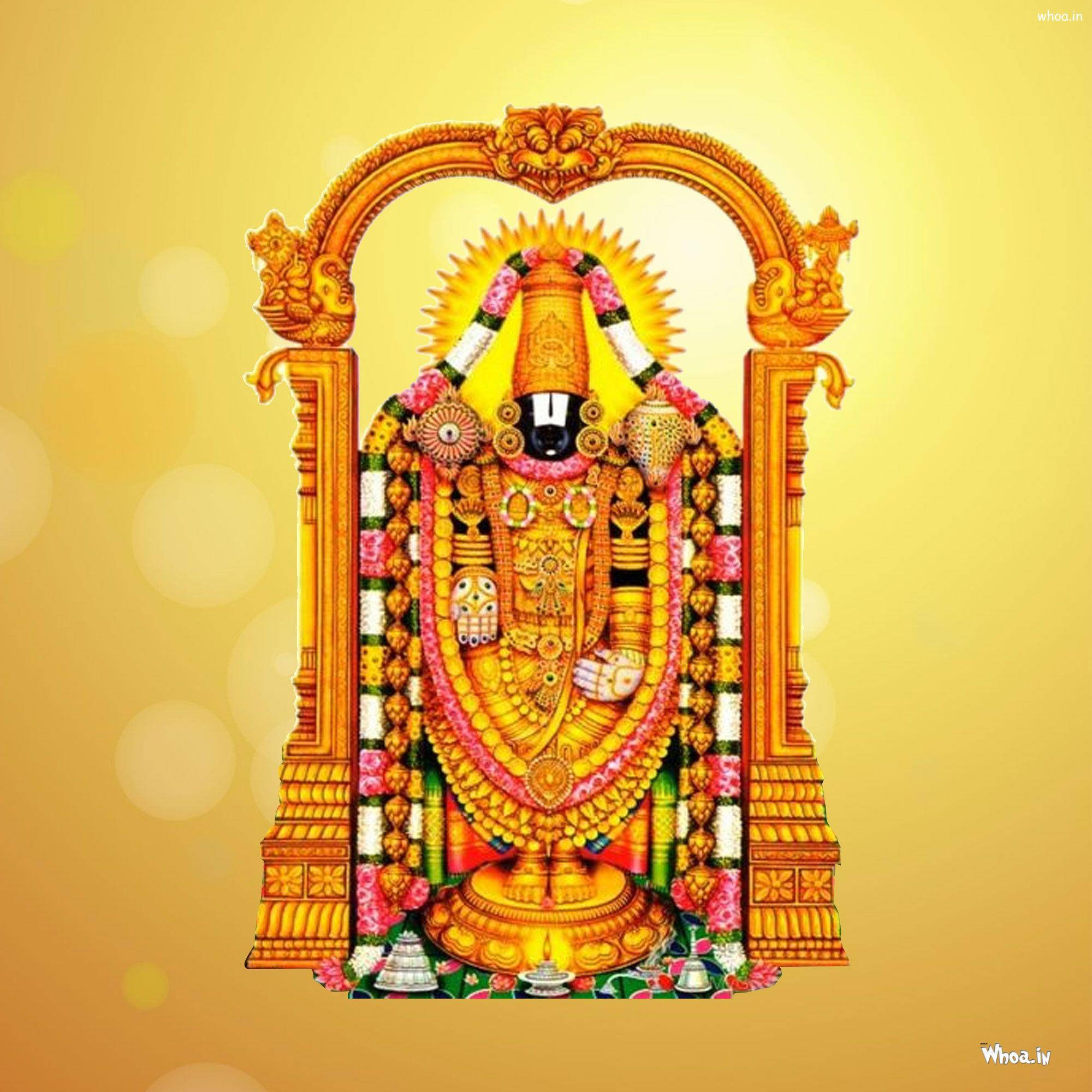 lord venkateswara HD 桌布 壁紙 — 一位光彩奪目的金色神祇，飾以色彩繽紛的花朵和精緻珠寶，站在華麗的拱門內，背景溫暖發光。