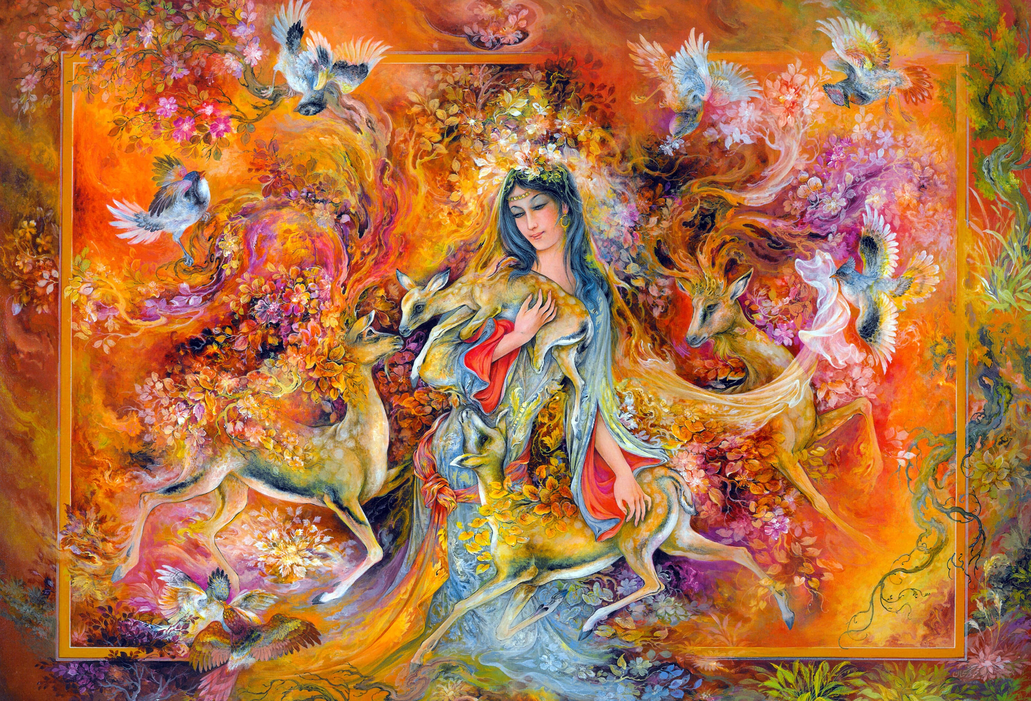 Beautiful Painting 桌布 壁紙 — 一位光彩照人的女子，飄逸的藍色長髮和紅色長袍，被金色的鹿擁抱著，周圍是旋轉的秋葉和白鳥，在熾熱的橙色和紫色奇幻場景中。