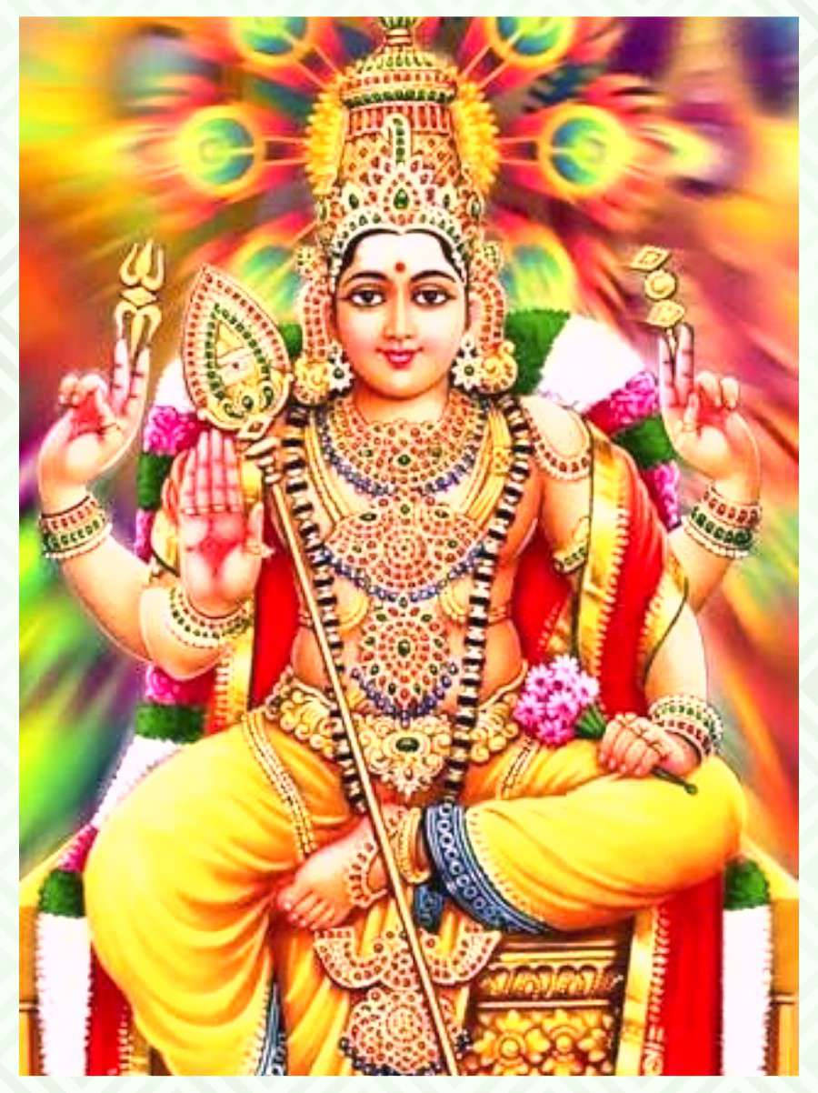 Lord Murugan 桌布 壁紙 — 一位光芒四射、多臂的印度教神祇，佩戴金色珠寶和黃色長袍，在充滿活力的旋轉彩虹光環中靜坐。