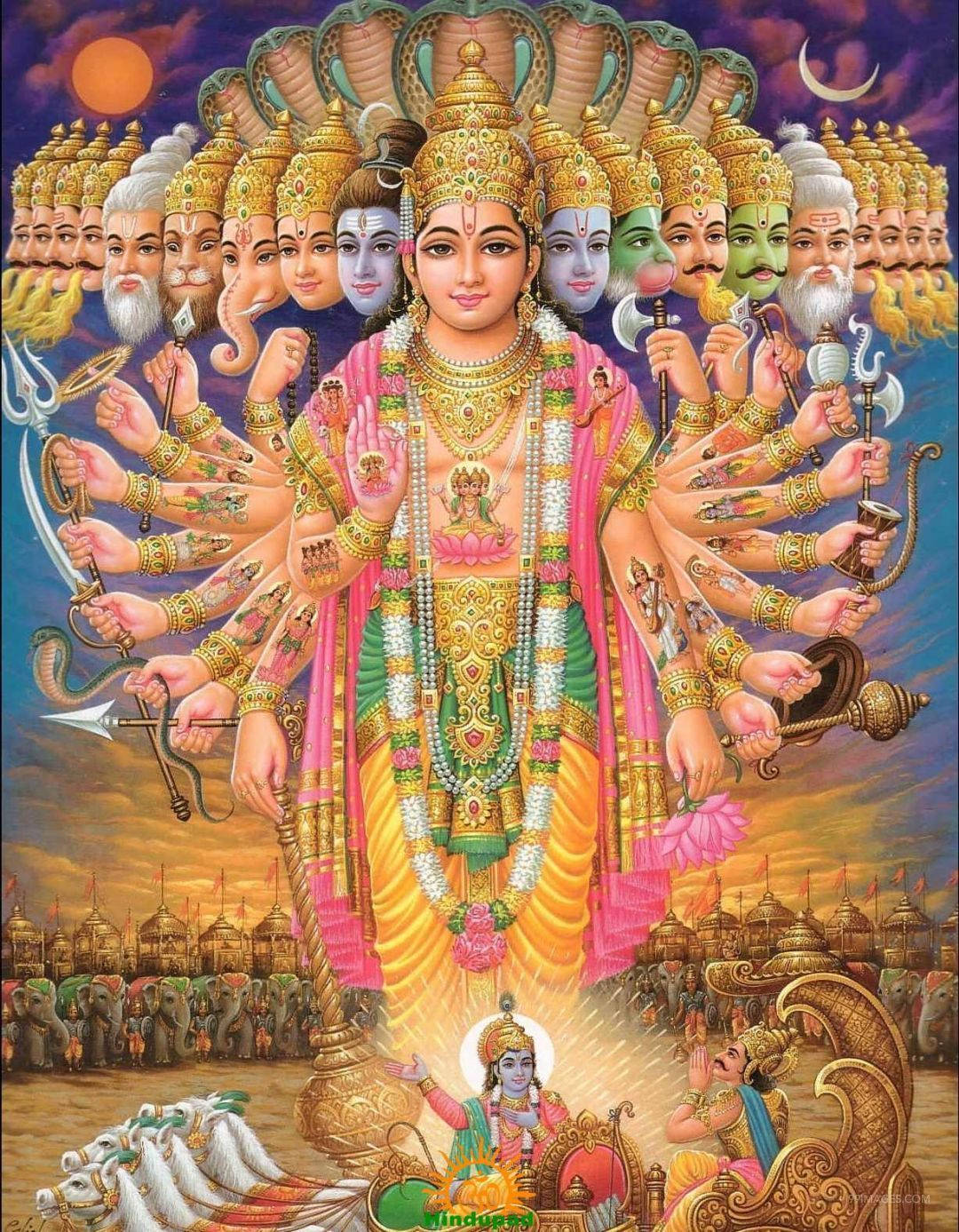 Vishnu 桌布 壁紙 — 一位光芒四射、多臂的印度教神祇，身披金色與粉紅長袍，立於寶座之上，下方有天神與大象。