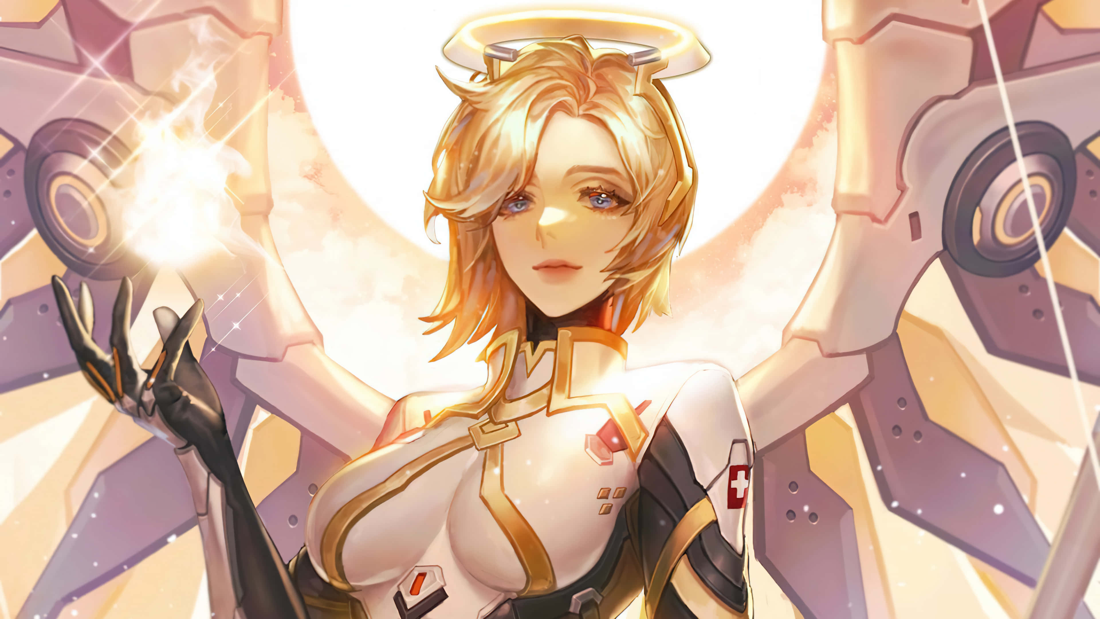 Overwatch Heroes 桌布 壁紙 — 一位光芒四射的動漫天使，擁有金色頭髮和光環，在機械翅膀背景下手持發光球體。