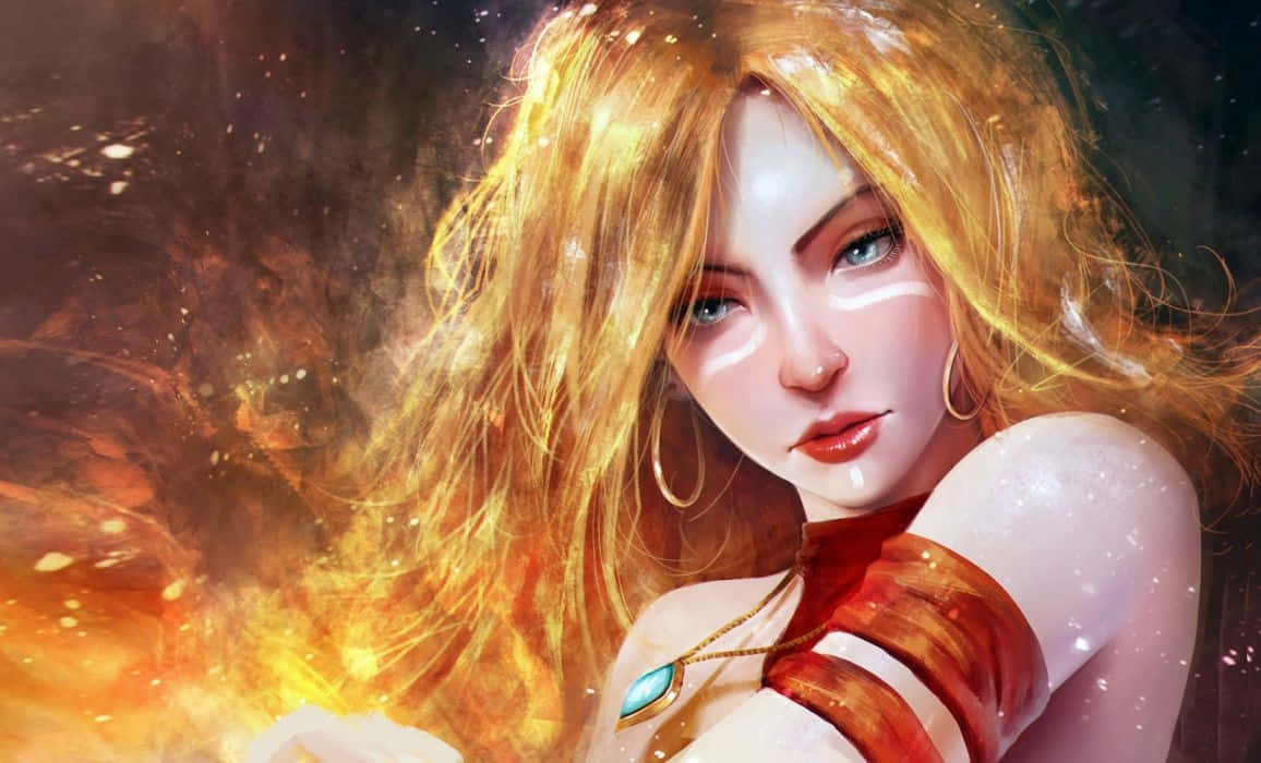 Dota 2 Lina 桌布 壁紙 — 一位光芒四射的動漫女性，擁有金色頭髮和發光的眼睛，從熾熱的橙色火焰中出現，背景是黑暗煙霧繚繞。