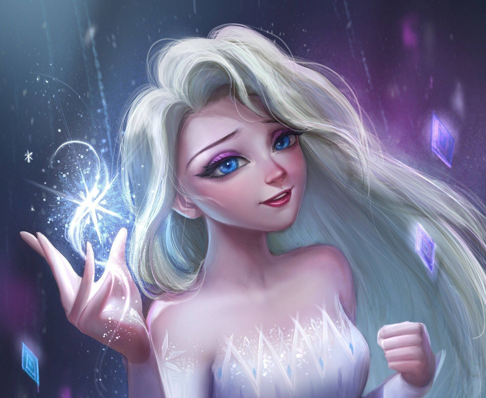 動畫女王，擁有冰魔法和飄逸的銀色頭髮，背景為宇宙紫色。 — 魔雪奇緣2 壁紙