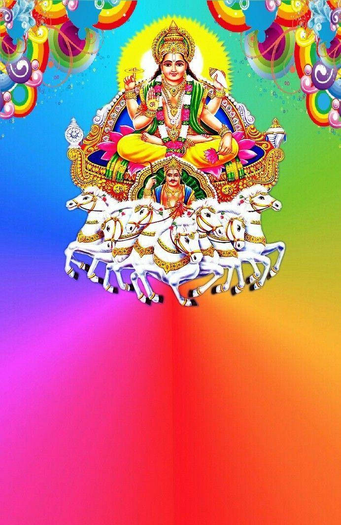 hindu iPhone 桌布 壁紙 — 一位光芒四射的印度教女神，多臂，坐在由七匹白馬拉動的金色戰車上，背景是鮮豔的彩虹漸變色。