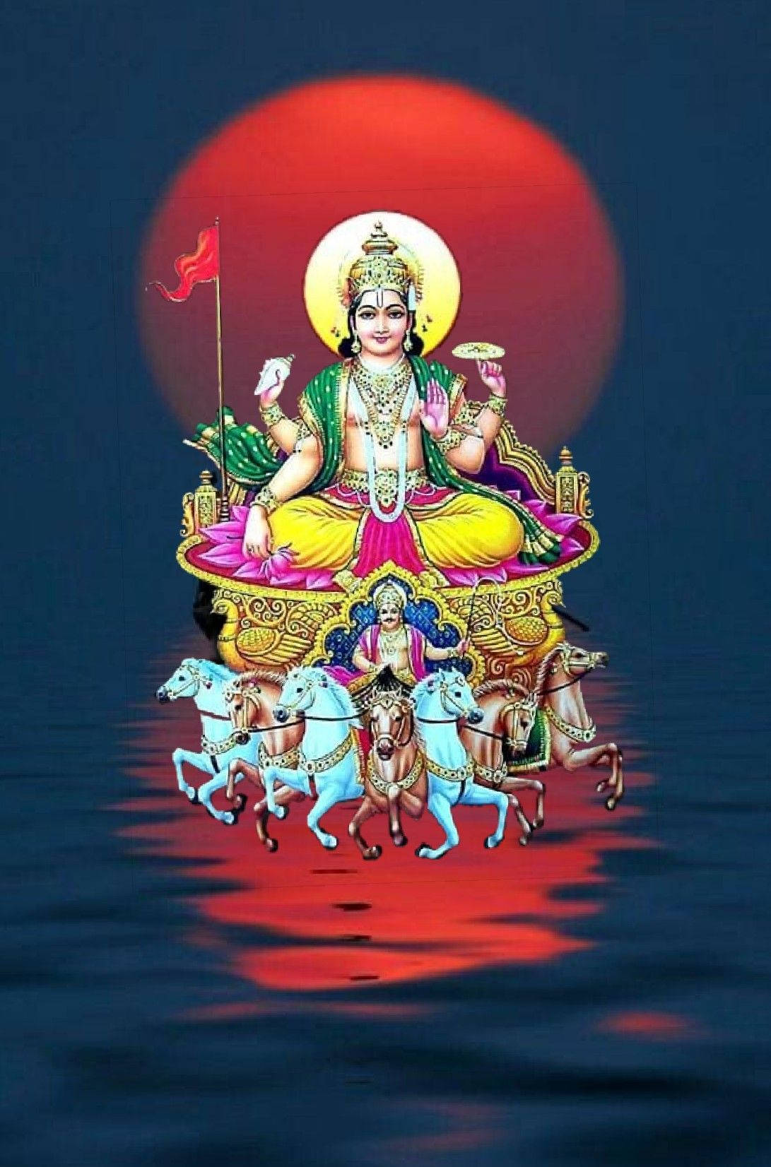 神 桌布 壁紙 — 一位光芒四射的印度教女神，多臂，坐在由七匹馬拉動的金色戰車上，背景是熾熱的紅色太陽。