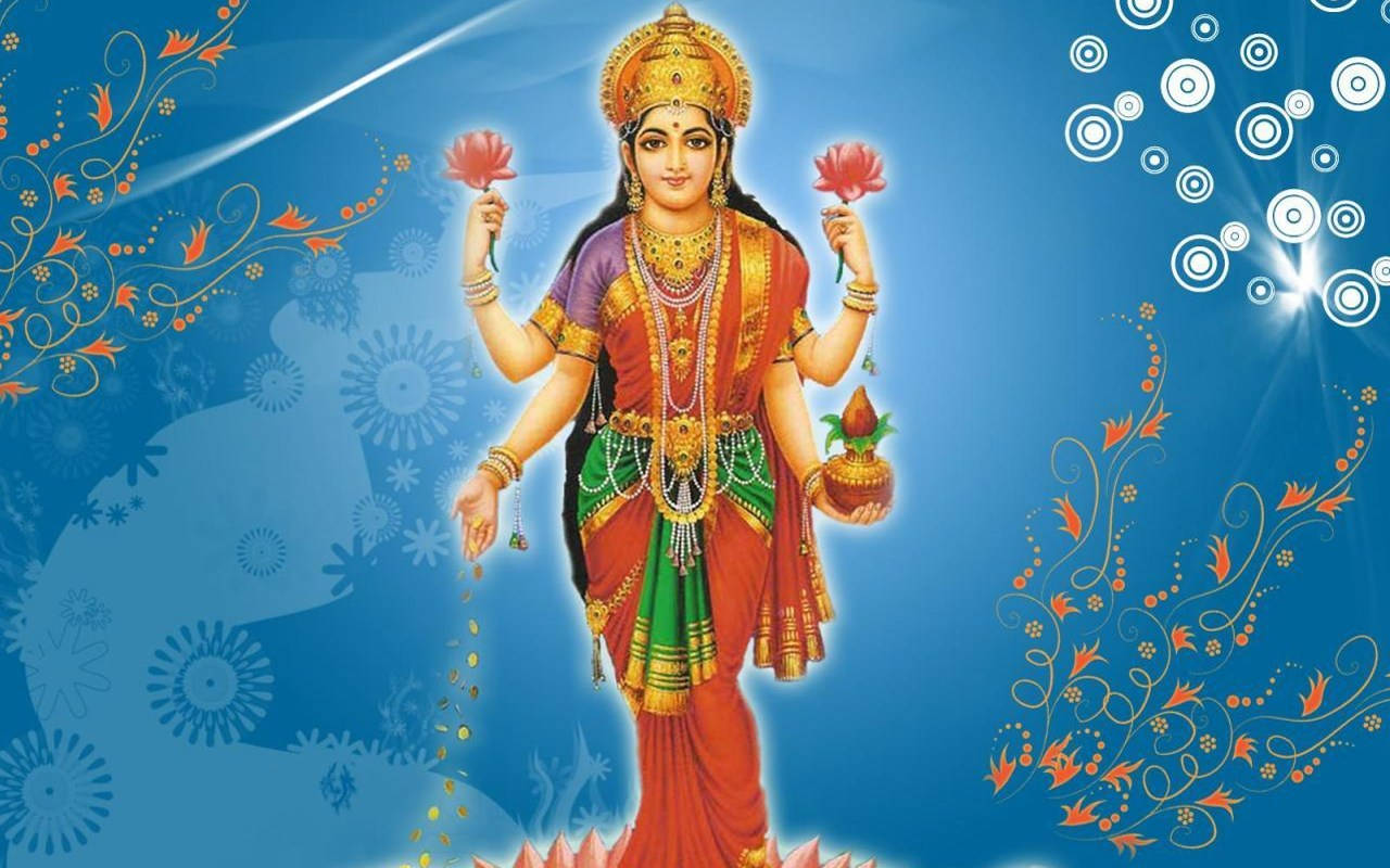 Lakshmi 桌布 壁紙 — 一位光芒四射的印度教女神，多臂手持蓮花和一個壺，背景為藍色，帶有橙色花卉漩渦和發光圓圈。