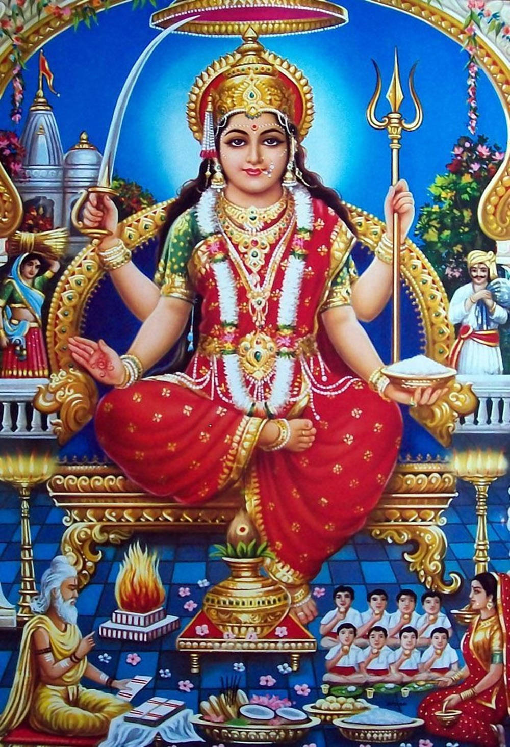 Goddess 桌布 壁紙 — 一位光芒四射的印度教女神，有四隻手臂，威嚴地坐在金色寶座上，手持劍和三叉戟，身穿紅金色服飾，下方有信徒和供品。