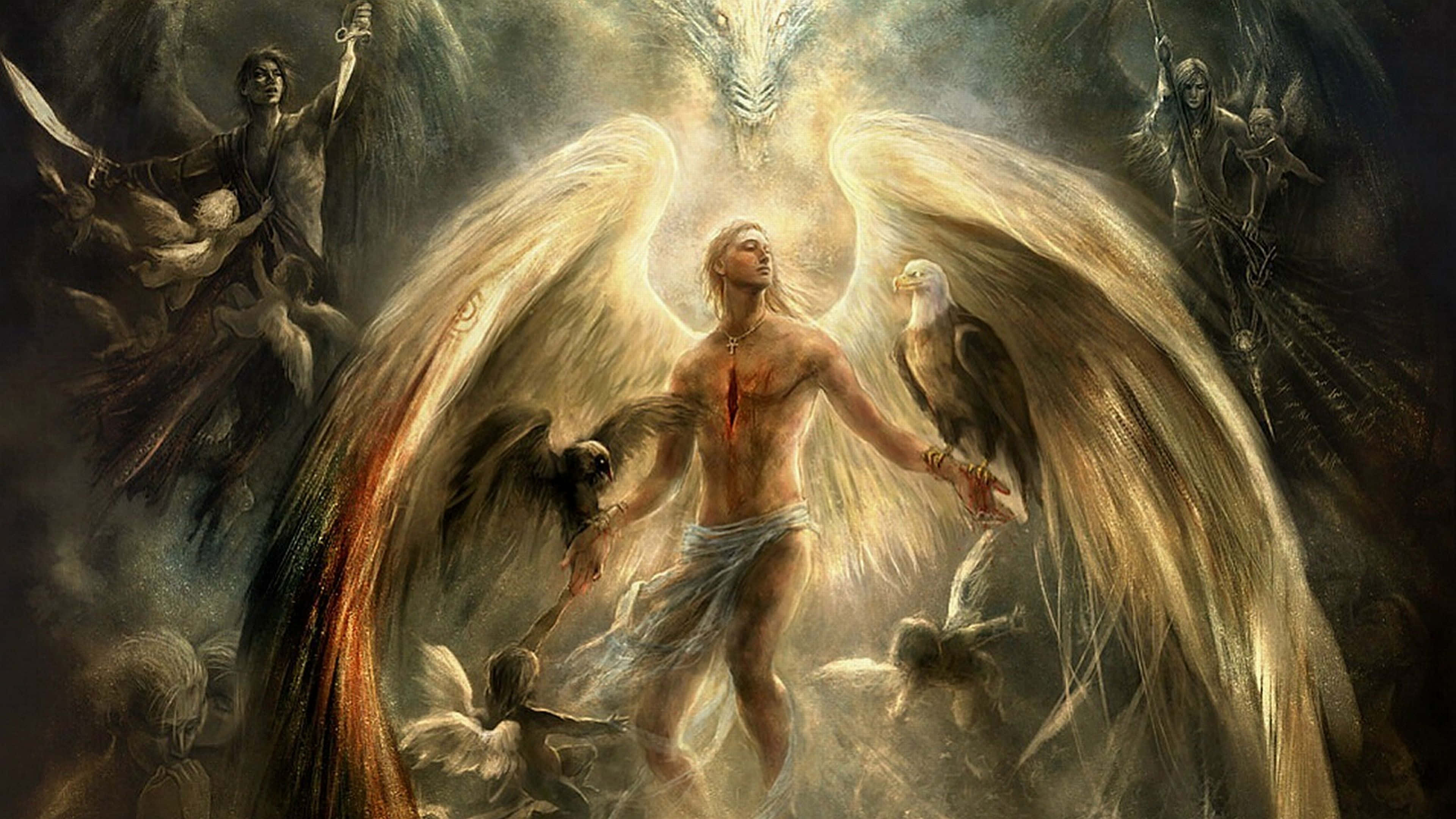 angels 桌布 壁紙 — 一位光芒四射的天使，擁有巨大的金色翅膀，站在中央，抱著一隻白頭鷹，周圍環繞著黑暗的人物和較小的天使，構成戲劇性的神聖場景。