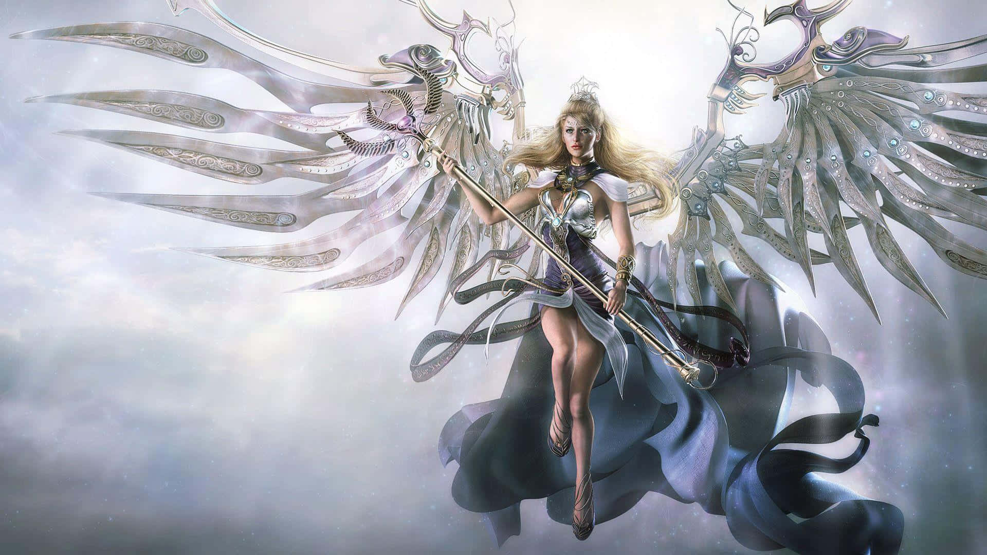 angels 桌布 壁紙 — 一位光芒四射的天使戰士，擁有華麗的銀色翅膀和發光的法杖，在神聖的天空中漂浮於旋轉的雲層之間。