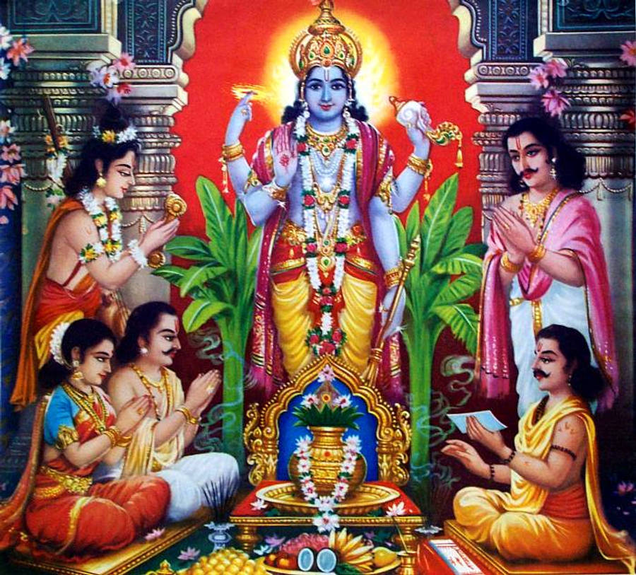 Vishnu 桌布 壁紙 — 一位光芒四射的藍皮膚多臂神祇端坐於寶座上，周圍是信徒在裝飾華麗的寺廟環境中獻上祈禱和鮮花。