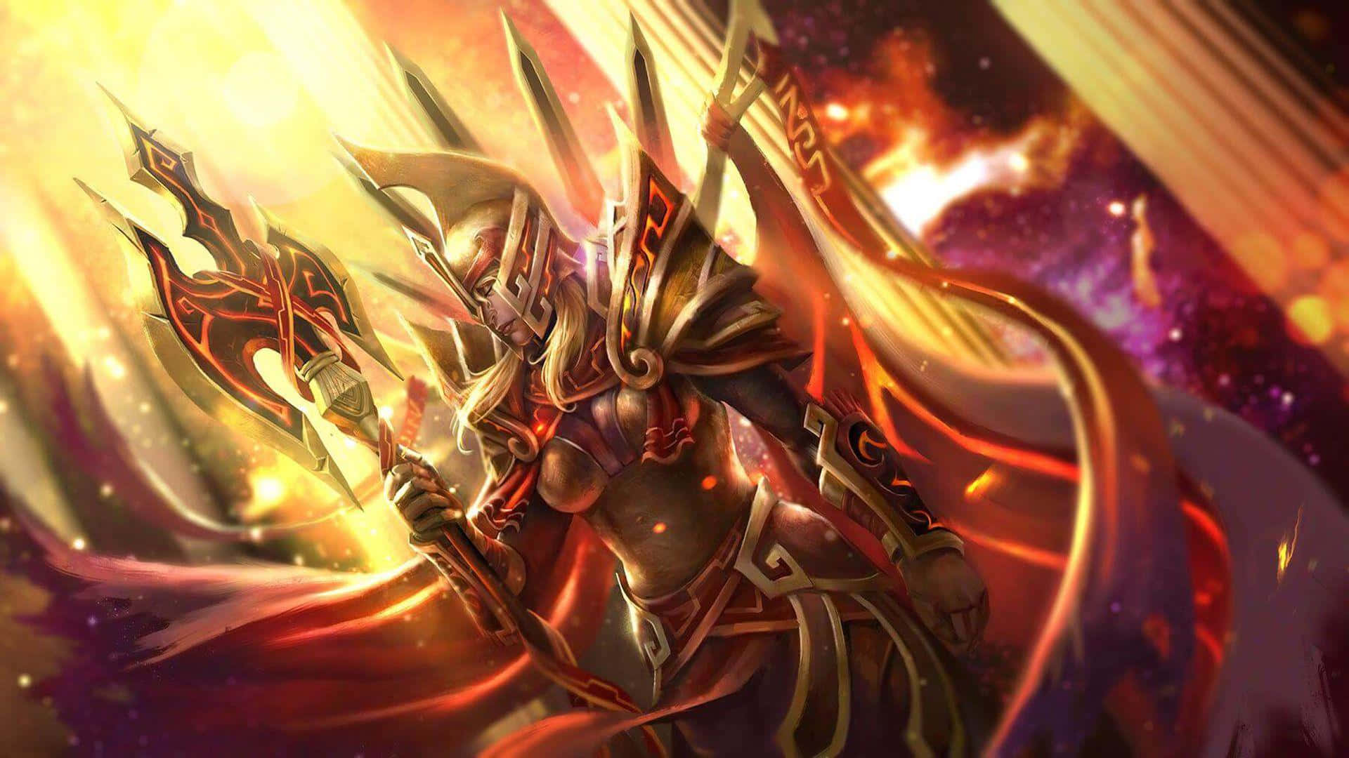 Legion Commander 桌布 壁紙 — 一位光芒四射的裝甲戰士在熾熱星辰與旋轉能量的宇宙背景下揮舞著發光的斧頭。