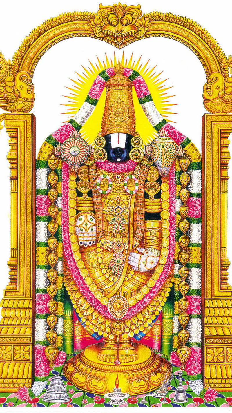 Hindu Temple 桌布 壁紙 — 一位光芒四射的金色神祇，飾以精緻珠寶和色彩繽紛的花環，矗立在華麗的寺廟拱門內。