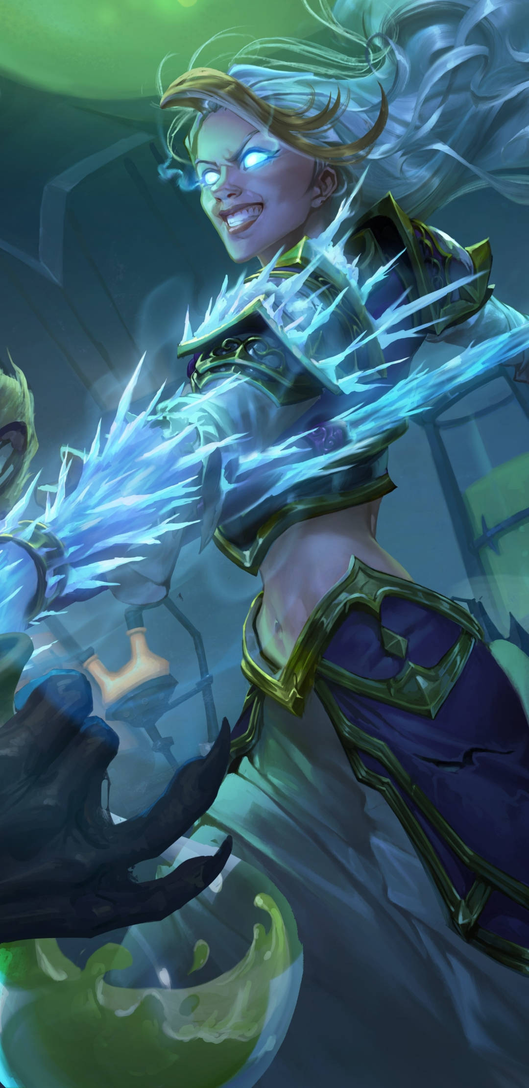 hearthstone phone 桌布 壁紙 — 一位光芒四射的金髮法師，雙眼發光，身穿華麗紫色鎧甲，引導著噼啪作響的藍色奧術能量。