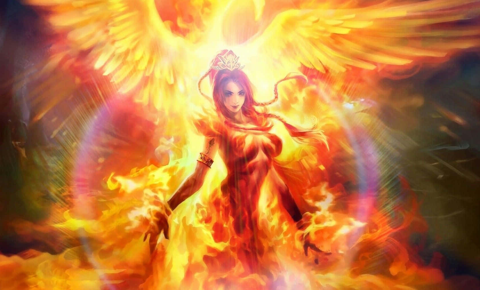 Dota 2 Lina 桌布 壁紙 — 一位光芒四射的鳳凰女郎，擁有火焰翅膀和流動的火焰，從橙色和金色的熾熱光環中浮現。