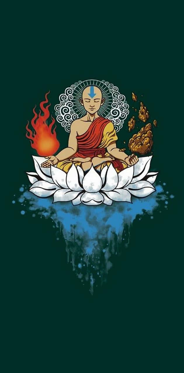 Spiritual Meditation 桌布 壁紙 — 一位光頭僧侶穿著紅色長袍，在白色蓮花上冥想，火和土元素在他周圍旋轉，背景為深綠色。
