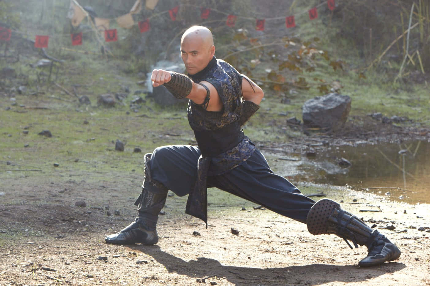 Mortal Kombat Legacy 桌布 壁紙 — 一位光頭武術家身穿深色盔甲，在陽光明媚的泥地上擺出強有力的姿勢，背景有紅旗和岩石。