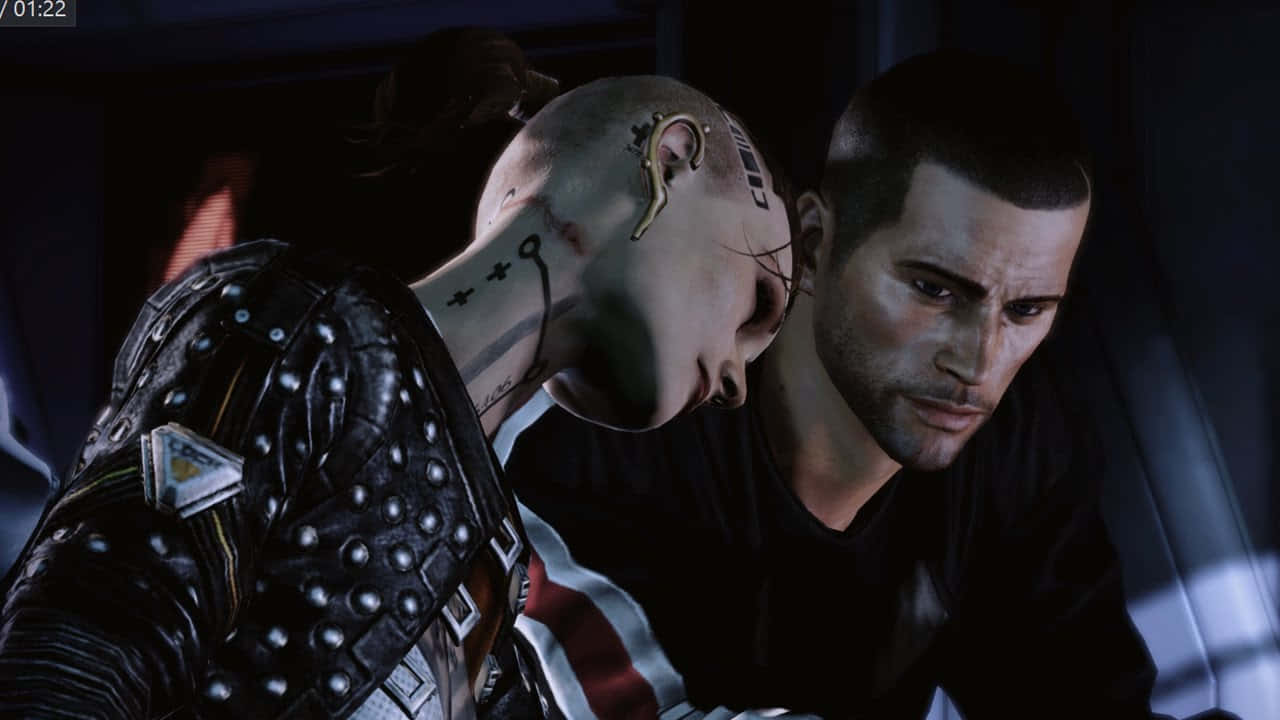 Mass Effect Jack 桌布 壁紙 — 一位光頭紋身女子穿著鉚釘皮革，在昏暗的房間裡靠向男人的肩膀。