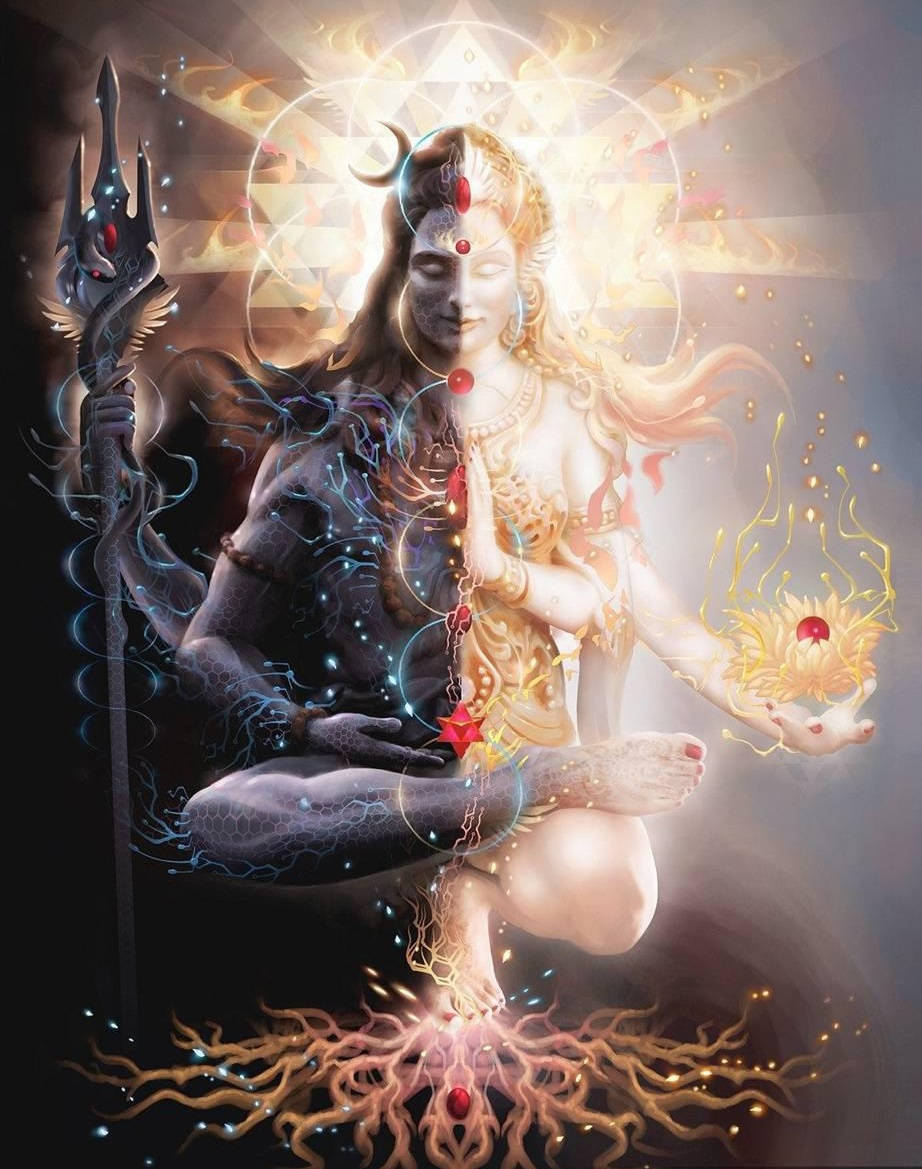 bholenath 桌布 壁紙 — 一位具有雙重形態的神聖女性神祇，在神秘黑暗背景前從發光的脈輪鏈中散發出宇宙能量。
