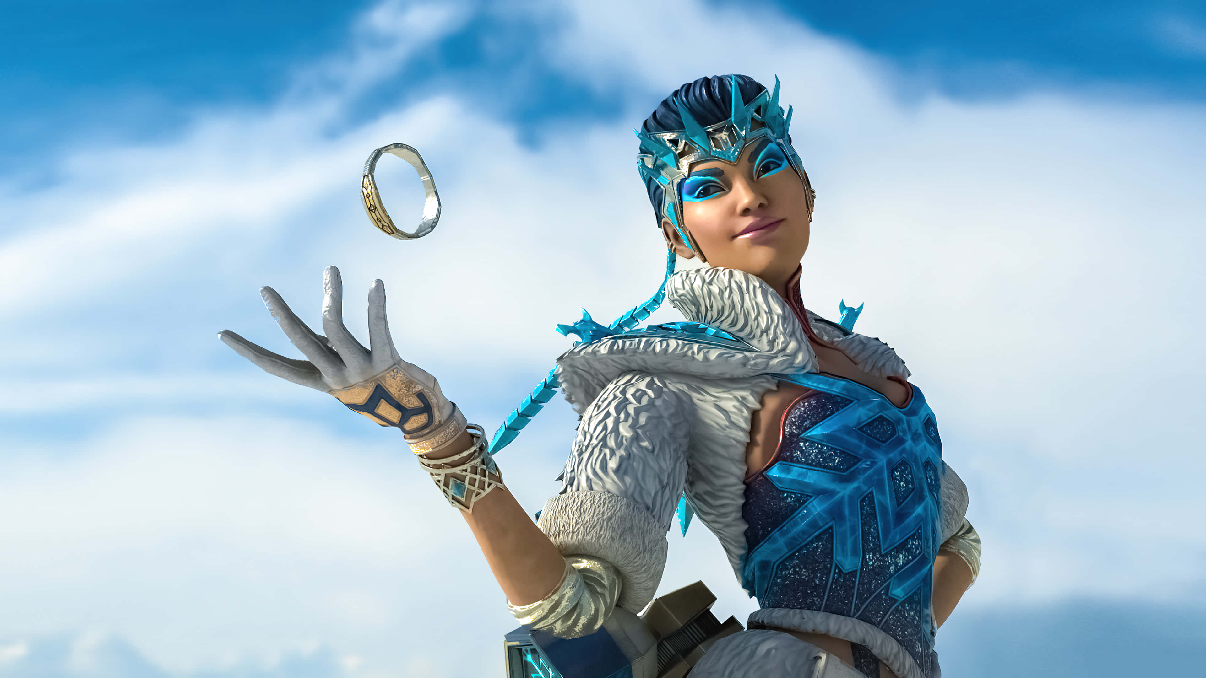 Apex Legends Characters 桌布 壁紙 — 一位冰霜主題的戰士身穿冰藍色盔甲，在明亮的雲天中懸浮一個發光的環。