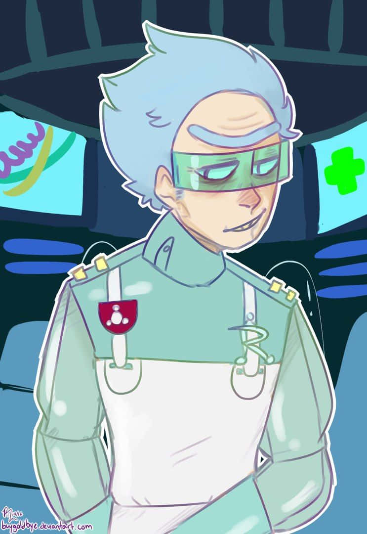 Total Rickall 桌布 壁紙 — 一位冷靜的動畫醫生，淺藍色頭髮，綠色護目鏡，穿著青綠色制服和白色圍裙，站在醫療環境中。