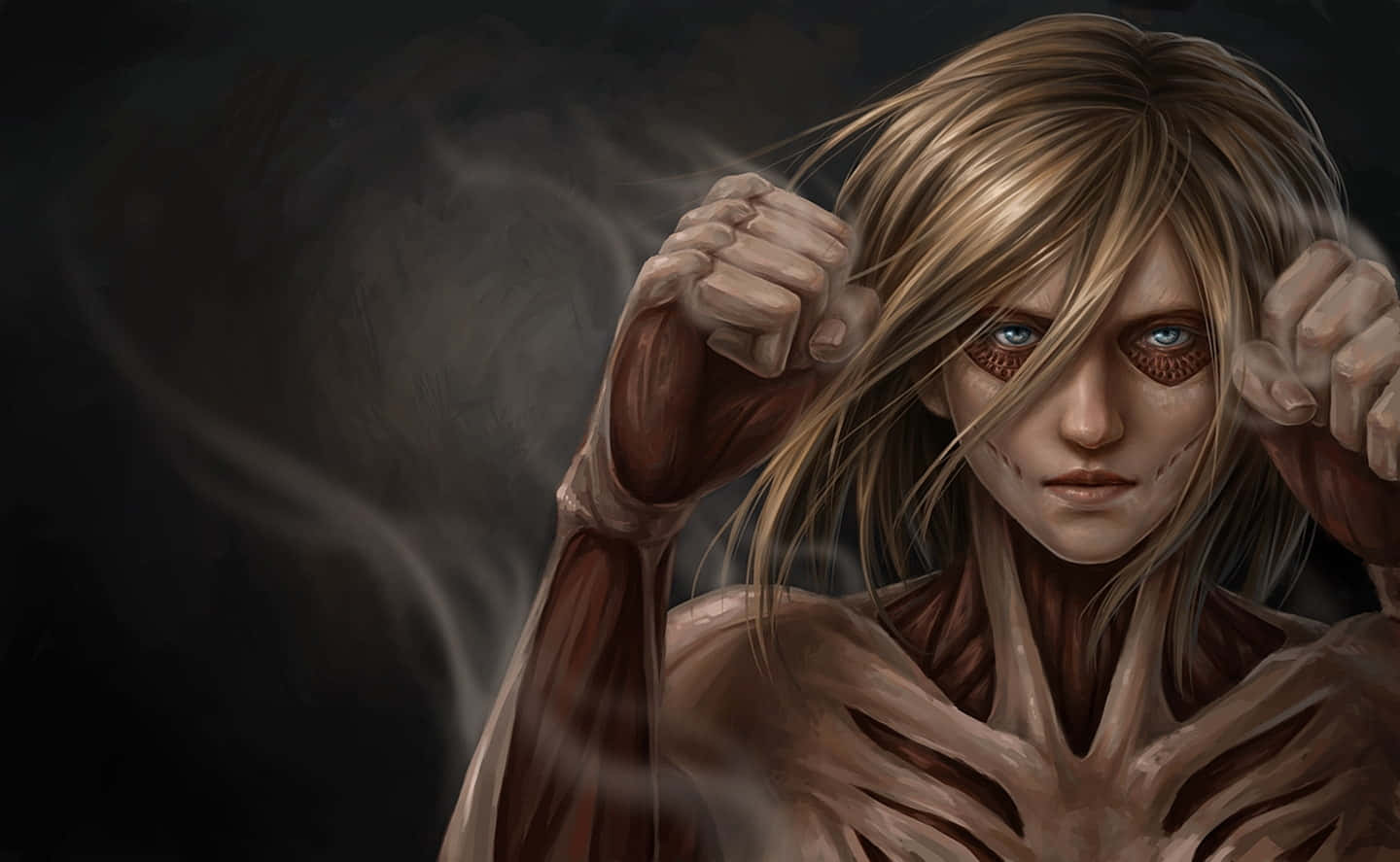 Attack On Titan Poster 桌布 壁紙 — 一位凶猛的金髮藍眼女性泰坦在黑暗煙霧背景中緊握拳頭。